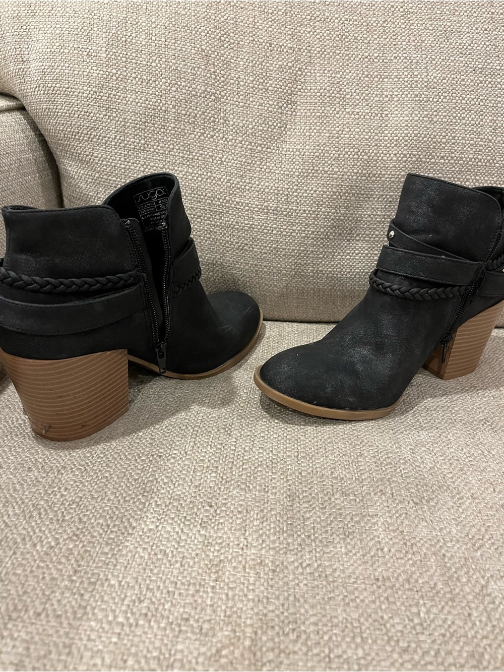 Sugar Black Ankle Booties with Braided Strap and Stacked Heel